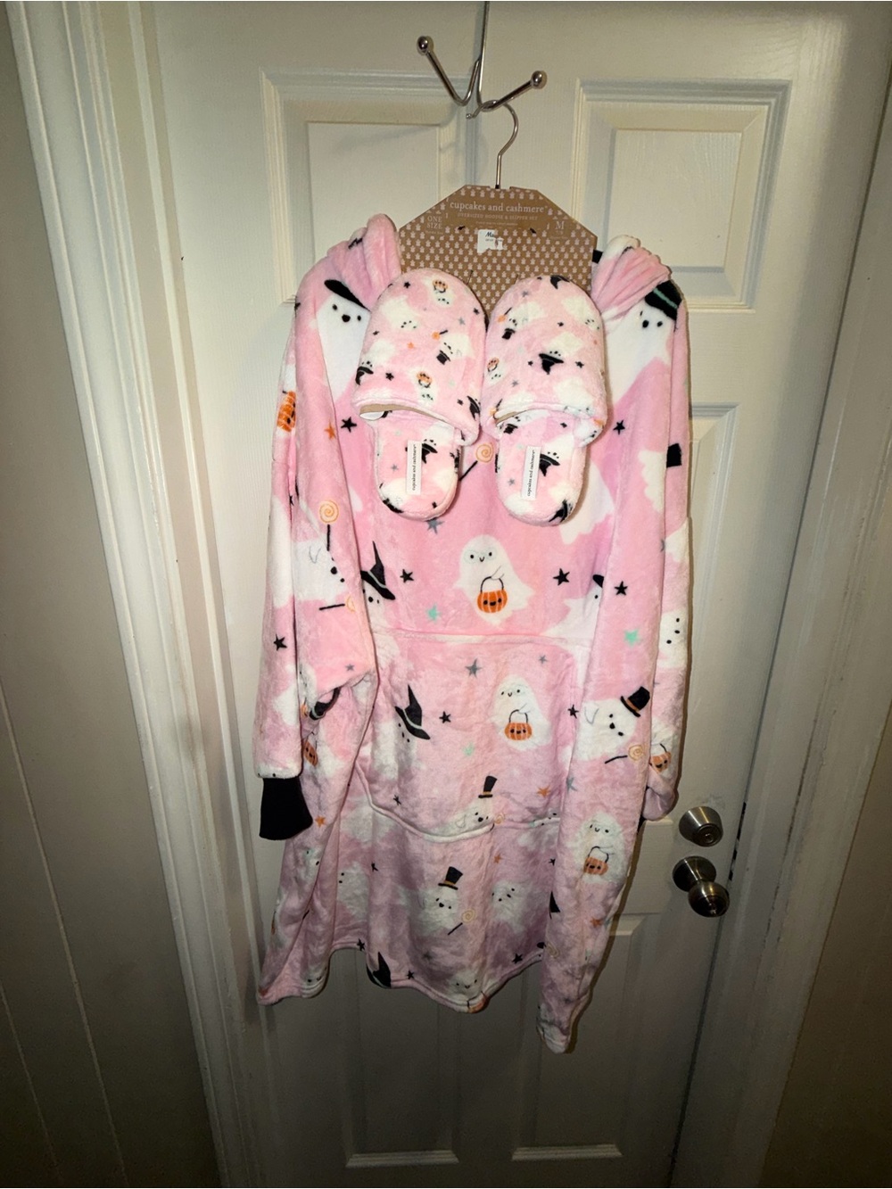 cupcakes & cashmere Pink Ghost Print Womens' Plush Hoodie with Matching Slippers